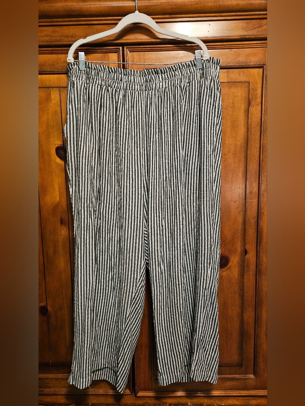 Striped Flowy Wide Green White Pants Elastic Waist Coastal Boho Lounge Lagenlook